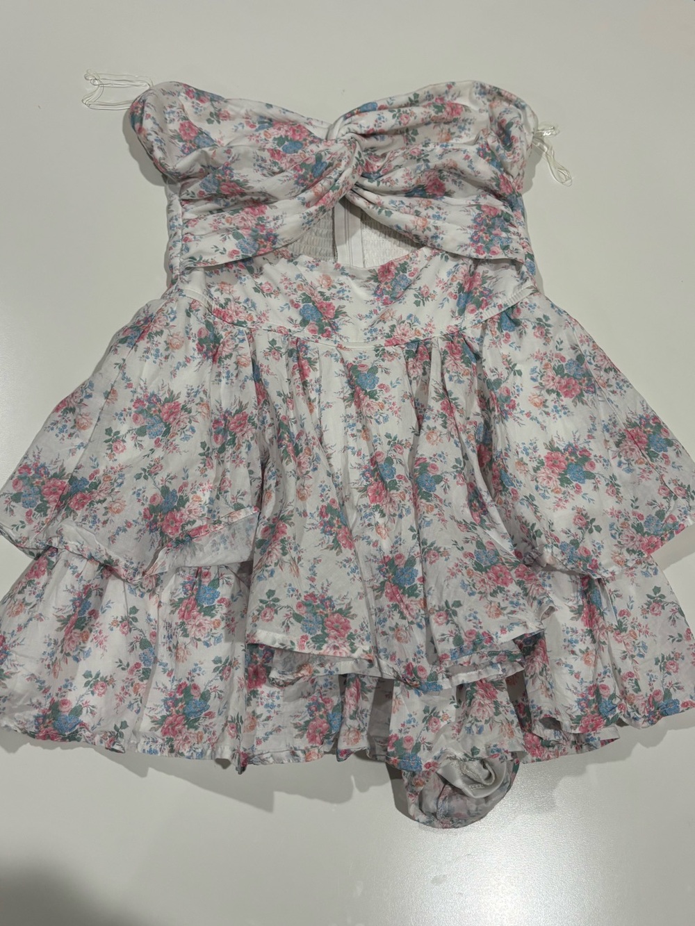 Altar'd State White Strapless Floral Ruffle Romper with Pink & Blue Flowers